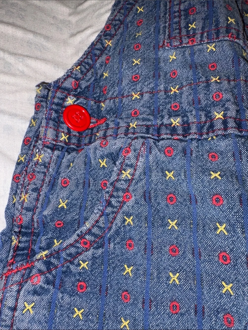 VINTAGE 80s OshKosh B'gosh Blue/Red Denim TIC TAC TOE Print Overalls 100 cotton